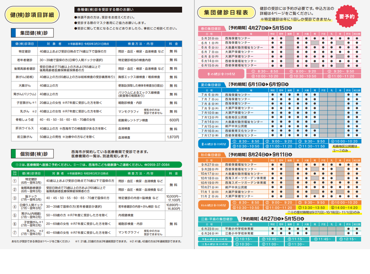 健診項目と日程表